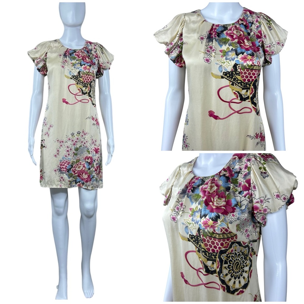 Adele Fado 100% Silk Floral Print Shift Dress Size 8 Luxury Cottagecore